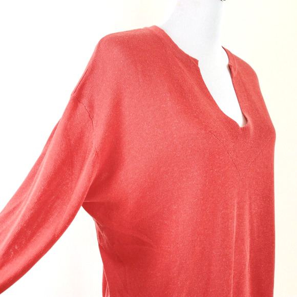 Zara Size M Tunic Split Neck Fine Knit Blouse Orange Blouson Sleeve - Picture 6 of 10